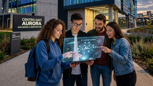 Four young adults looking at a digital AI and machine learning interface outside Centro Dati Aurora data center