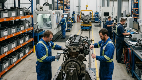 Technicians inspecting and repairing engines in a disassembly and inspection facility