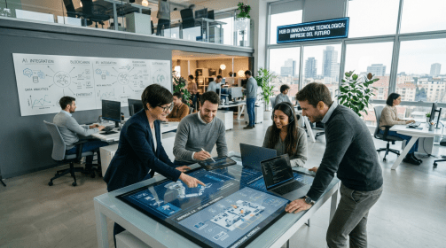 Team collaborating around digital displays beneath sign reading HUB DI INNOVAZIONE TECNOLOGICA: IMPRESE DEL FUTURO